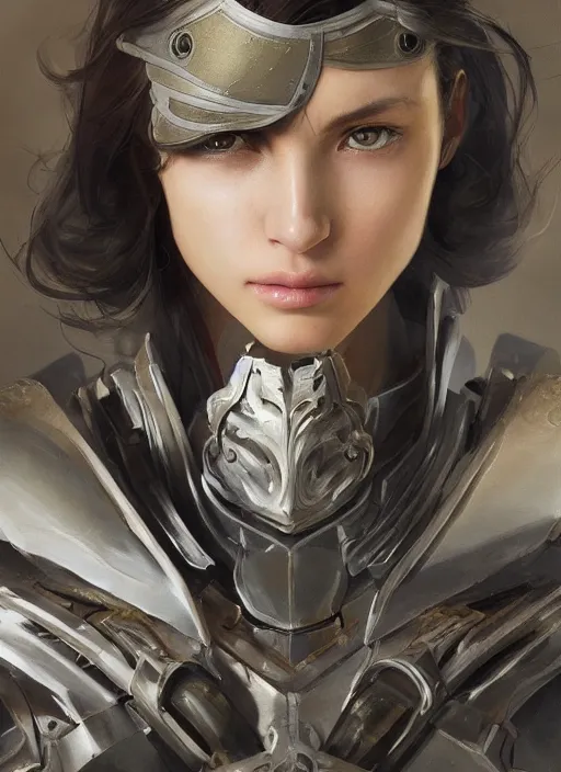 Image similar to a professional painting of a beautiful young female, clothed in military armor, olive skin, long dark hair, beautiful bone structure, symmetrical facial features, intricate, elegant, digital painting, concept art, smooth, sharp focus, illustration, from Metal Gear, by Ruan Jia and Mandy Jurgens and Artgerm and William-Adolphe Bouguerea