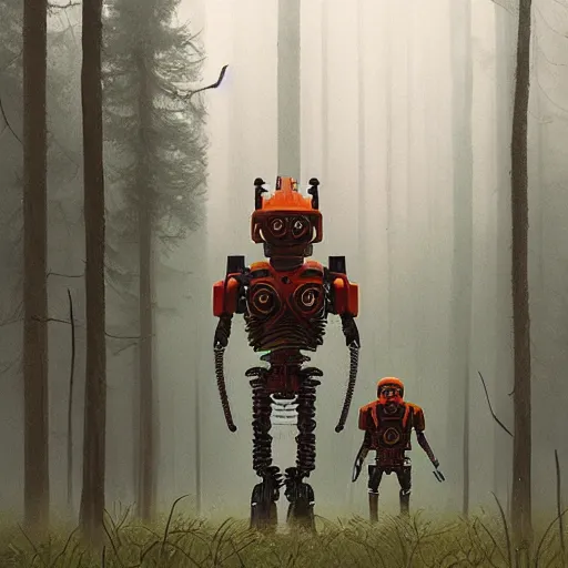 Prompt: simon stalenhag, bionicle, forest, foggy, horror