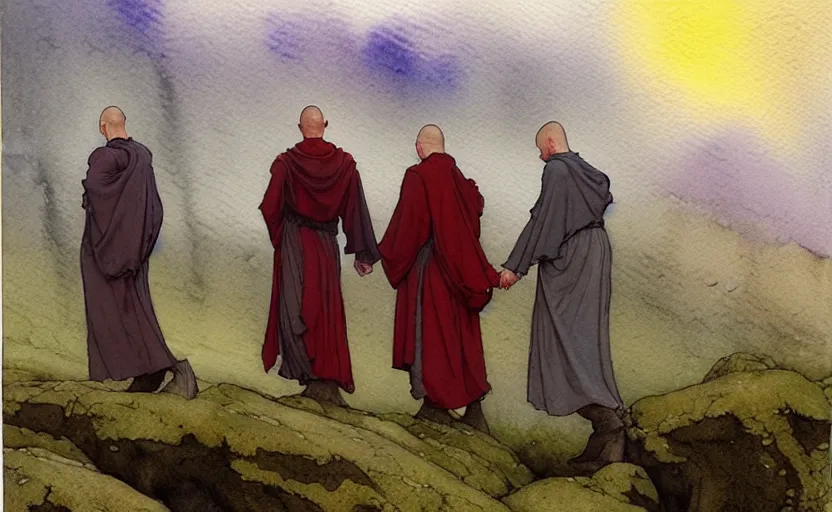 Image similar to a hyperrealist watercolour character concept art portrait of small grey medieval monks holding their hands in the air. a giant flat rock floats in the air above him. it is a misty night on the moors of ireland. by rebecca guay, michael kaluta, charles vess and jean moebius giraud