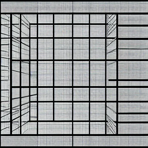 Prompt: tadao ando in the style of piet mondrian in a schematic, blueprint, monochromatic