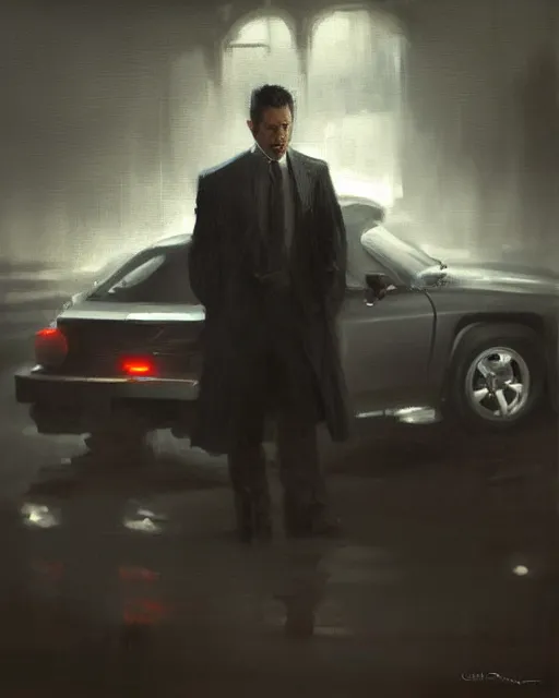Image similar to Hyper realistic oil painting of a noir detective in his car, hyper detailed, gloomy, moody lighting, by greg rutkowski, trending on artstation