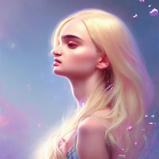 Prompt: instrument of life, fractal silk, fractal crystal, beautiful gorgeous pretty portrait of kim petras, delicate, beautifully lit, muted colors, highly detailed, artstation trending, blonde hair, fantasy art by craig mullins, by thomas kinkade, by ruan jia, by wlop,