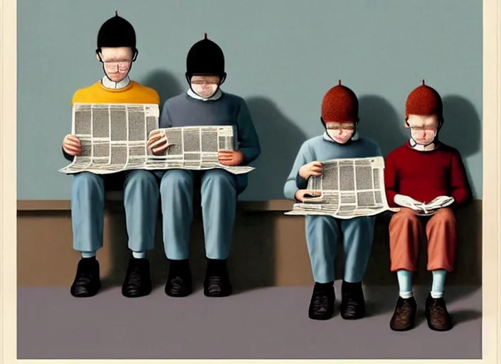 Prompt: a very boring day in school, kids wearing identical clothes reading newspapers, painting by quint buchholz and ray caesar, muted colors, gray, dull, boring, low energy, pale blue faces, very detailed