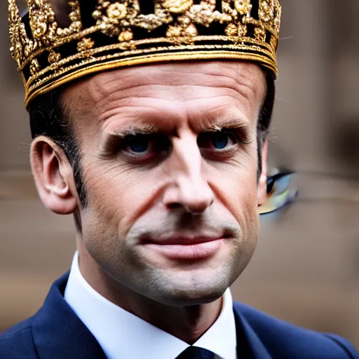 Image similar to Emmanuel Macron dressed as the queen of england, 50mm photography, high quality, 4K