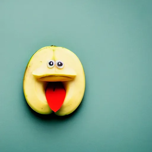 Image similar to Professional photograph of a peeled!!! banana with googly eyes and a duck beak. Peeled banana duck.