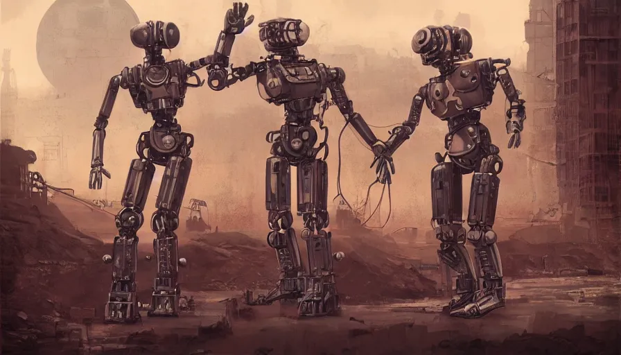 Prompt: Dieselpunk Illustration of two humanoid robots holding hands looking at each other, the remains of human civilisation in the background by Galan Pang, James Paick, Komatsuzaki retro-futurism, sci fi, dystopian, trending on artstation, masterpiece, concept art, octane render