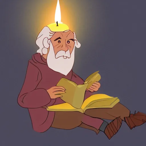 Prompt: Gandalf reading a tome by candle light in the style of JM Animation
