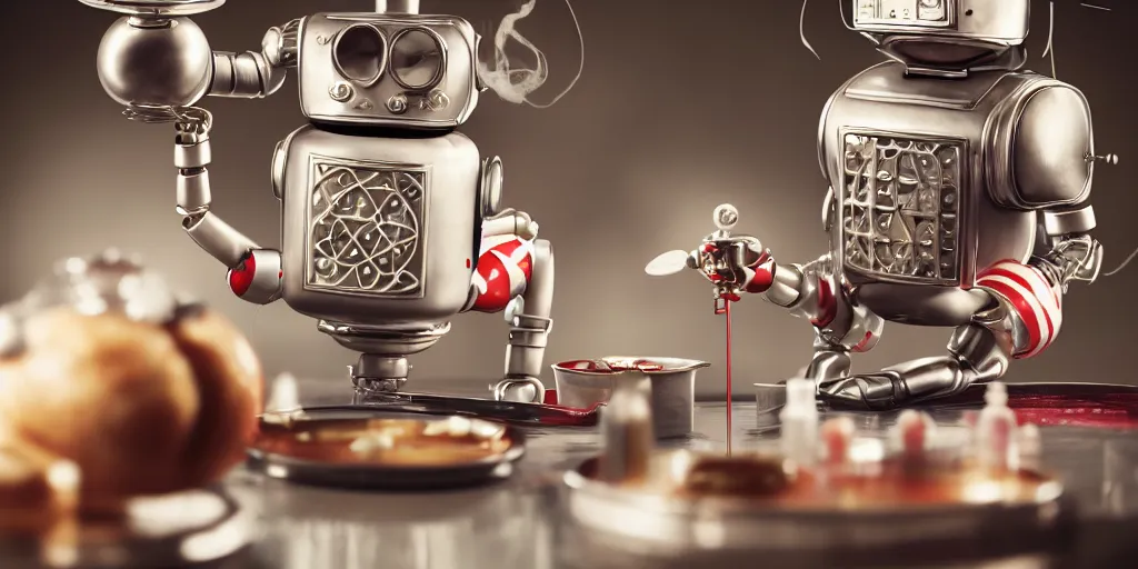 Prompt: closeup portrait of tin toy retro robot chef cooking pastry in a chemical lab, depth of field, zeiss lens, detailed, centered, fashion photoshoot, by nicoletta ceccoli, mark ryden, lostfish, breathtaking, 8 k resolution, extremely detailed, beautiful, establishing shot, artistic, hyperrealistic, octane render