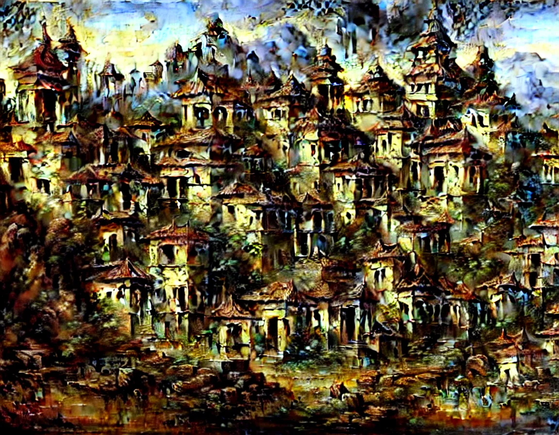 Prompt: hyper realistic detailed oil painting of ancient forgotten town of shangrila, 8 k ultra hd, sharp focus, by jan matejko