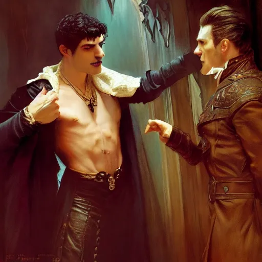 Image similar to attractive male, arthur pendragon confesses his love to attractive male dracula the vampire. highly detailed painting by gaston bussiere, craig mullins, j. c. leyendecker 8 k