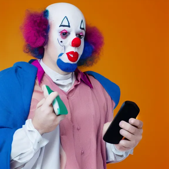 Prompt: sad clown holding a phone with the twitter logo on it