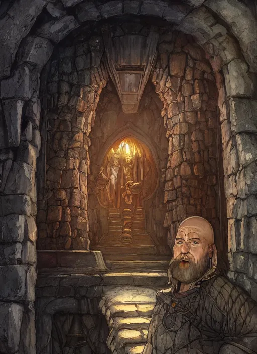 Image similar to Hulgen the dwarf. A humble dwarven stone mason completes the great gate of moria. Fantasy concept art. Moody Epic painting by James Gurney, and Alphonso Mucha. ArtstationHQ. painting with Vivid color. (Dragon age, witcher 3, lotr)