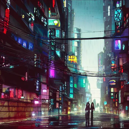 Image similar to “photrealistic 8k render of a cyberpunk anime city in the rain, Ufotable, Kyoto Animation, White Fox”