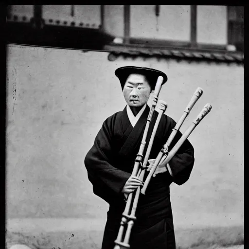 Prompt: Portrait of a 19th century Japanese man playing the shakuhachi in the streets of Kyoto, 1900s photography