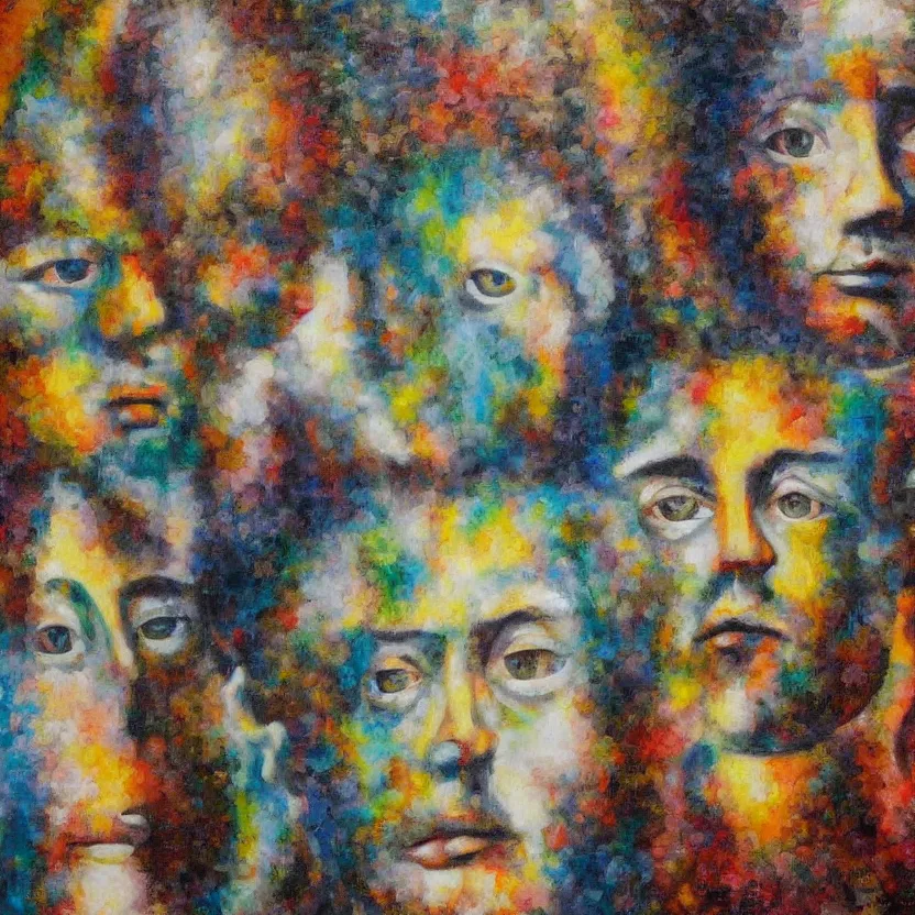 Image similar to highly strange recursive painting of wondering faces looking at each other detailed and highly reliefed oil painting with canvas texture in style of Magritte, Sascha Schneider, Giorgio de Chirico, Pollock photorealistic, surrealistic, masterpiece, balanced composition, natural colors