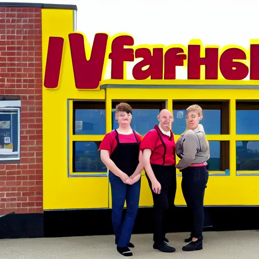 Image similar to wafflehouse employee's standing below wafflehouse sign