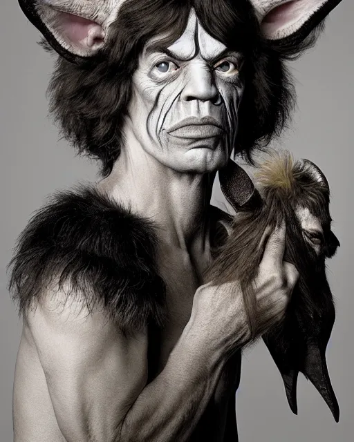 Prompt: actor Mick Jagger with Goat Ears in Elaborate Pan Satyr Goat Man Makeup and prosthetics designed by Rick Baker, Hyperreal, Head Shots Photographed in the Style of Annie Leibovitz, Studio Lighting