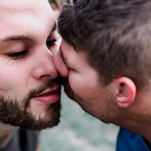 Image similar to extreme close up of mans first kiss