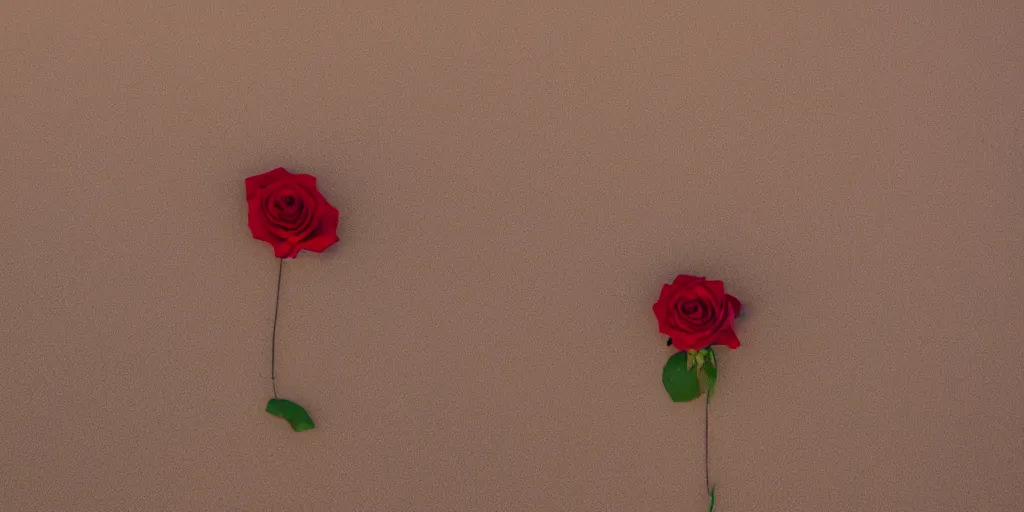 Image similar to a single red rose is growing in the middle of the desert. beautiful starry sky and sand dunes can be seen in the background. wide angle shot, 4 k, golden hour.