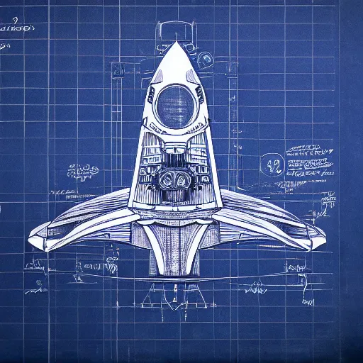 Image similar to blueprint of spaceship, technical drawing on blue paper, intricate detail, centered with clean background, studio lighting, 8 k