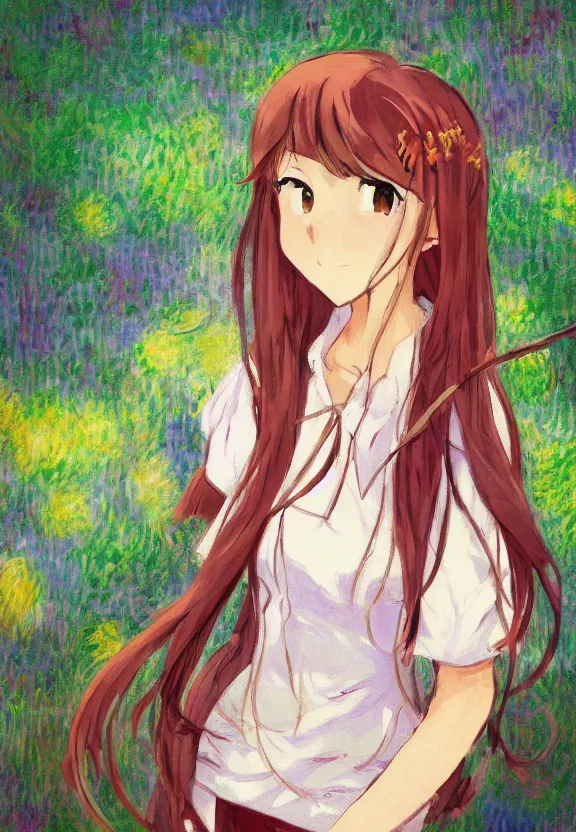 Image similar to wide angle portrait of a teenage girl, a thrifty outfit, somewhat of an anime in impressionist style, fantasy forest background, trending artwork, illustrated in anime painter studio, by claude monet and an anime artist, collaboration