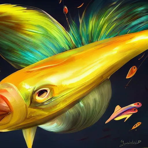 Image similar to a flying banana fish, shocked look, huge eyes, highly detailed, digital painting, artstation, concept art, sharp focus, illustration