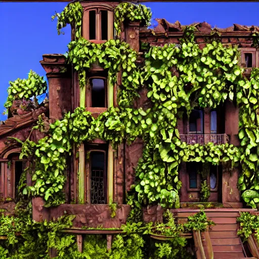 Prompt: ugly gaudy mansion, abandoned, growing vines, very old, professional art, trending on artstation, very detailed, realistic,