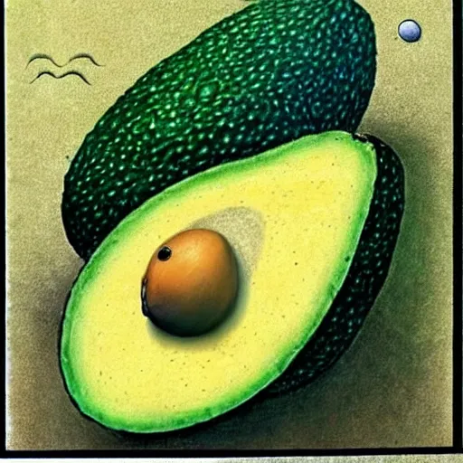 Image similar to a page from codex seraphinianus of how to merge emma watson with avocado