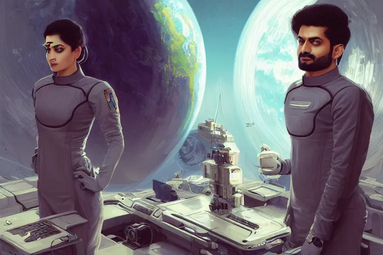 Image similar to Sensual good looking pale young Indian doctors wearing Deus Ex clothing in a space station above Earth, portrait, elegant, intricate, digital painting, artstation, concept art, smooth, sharp focus, illustration, art by artgerm and greg rutkowski and alphonse mucha