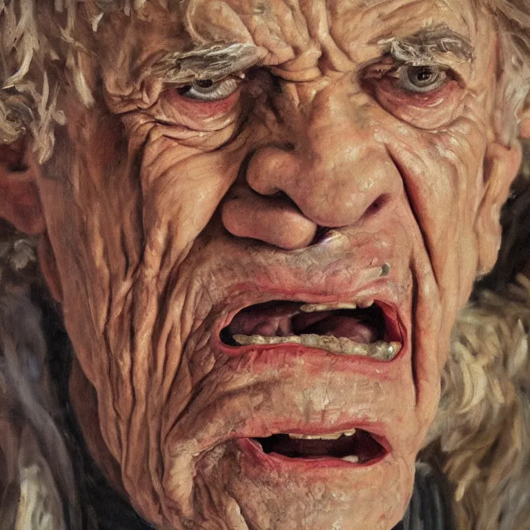 Prompt: warmly lit close up studio portrait of very old furiously angry!! Mick Jagger age 115 angrily singing, impasto oil painting thick brushstrokes by Cy Twombly and Tim Hawkinson , trending on artstation dramatic lighting Expressionism