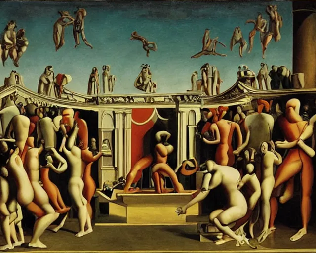 Prompt: a pagan ritual to summon the partying god by de chirico, giorgio