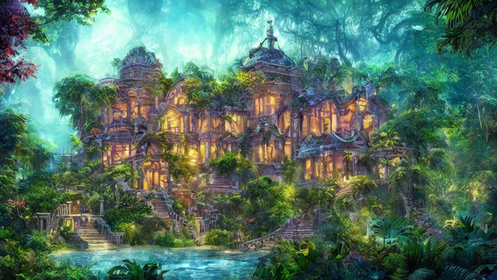 Prompt: A beautiful mansion in the Jungle”Beautiful Dreamscape, Digital art, concept art, detailed, lovely colors, Art station,3-D 4K, beautiful background, matte painting, Frank Lloyd Write,