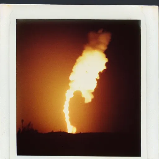Prompt: polaroid photo of a cat watching a mushroom cloud in the background