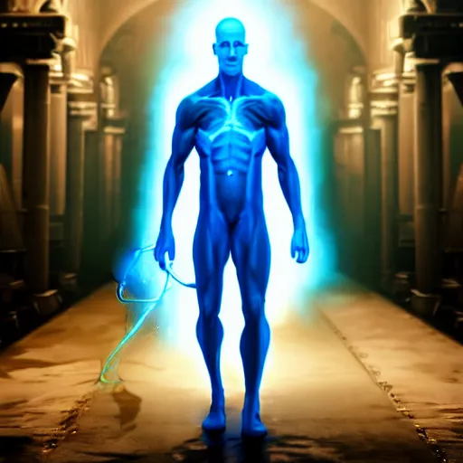 Image similar to A still of Dr. Manhattan as John Constantine, award winning photo, unreal engine, highly detailed features