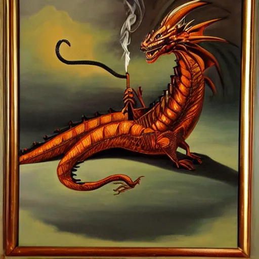 Image similar to art deco oil painting of a dragon smoking a cigar, intricate furniture, golden highlights