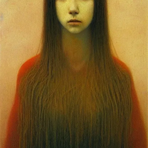 Image similar to portrait painting of teenage female queen by Beksinski, she is pale with long golden hairs. She has golden diadem