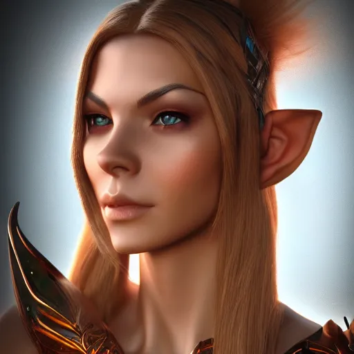 Image similar to portrait of a beautiful female high elf with tan skin, 3 d octane render trending on art station 8 k