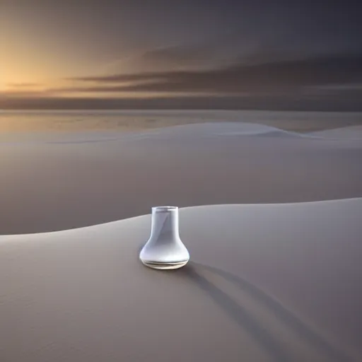 Image similar to perfume bottle buried in mounds of desert white sand on a zen clean modern minimalist beach with an ocean view, frozen and covered in ice, by peter tarka in an ivory room well contoured smooth fair walls, zaha hadid octane highly render, 4 k, ultra hd,