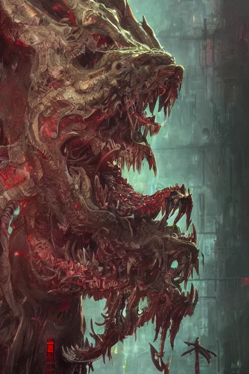 Image similar to beast from chinese mythology, sharp, slender and densely arranged teeth, dystopian, cyberpunk, nanotech demonic monster horror, ominous, intricate, studio, art by anthony macbain + greg rutkowski + alphonse mucha, concept art, 4 k, sharp focus