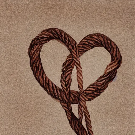 Image similar to watercolor art of a brown rope tied in the shape of a heart laying on a white background