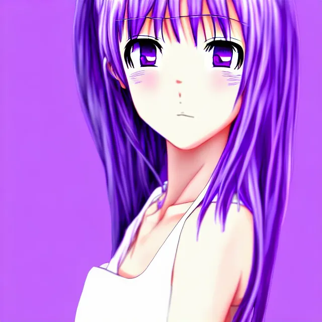 Image similar to anime girl with lavender hair, purple eyes and white dress, profile photo, digital artwork, very beautiful face, extremely detailed