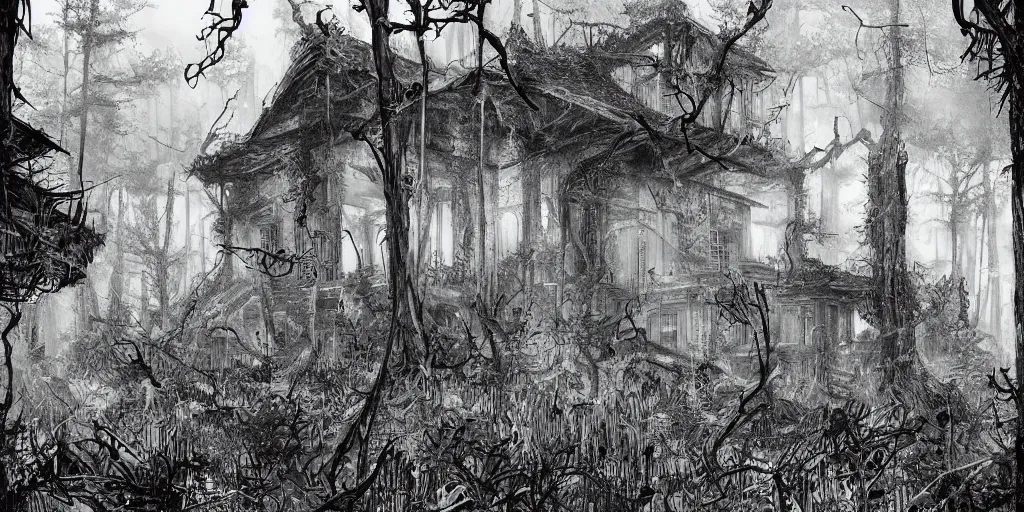 Prompt: photorealistic, ruined english bungalow at night, overgrown vegetation, in the forest, apocalypse, very dark, fog, skinny evil creatures, hell scape, horrifying, hyperrealistic, grimdark, art by tsutomu nihei