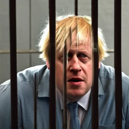 Prompt: movie scene of boris johnson behind bars, photorealistic, highly detailed 8 k