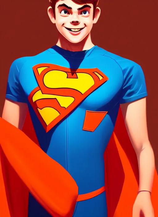 Image similar to friendly teenage archie andrews wearing an orange superhero costume with heart logo, freckles, superhero costume, heart emblem on chest, cape, intricate, elegant, glowing lights, highly detailed, digital painting, artstation, sharp focus, illustration, art by wlop, mars ravelo and greg rutkowski