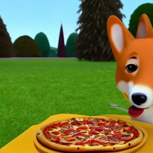 Prompt: A 3D animated corgi eating pizza in a park during the autumn fall, by Pixar