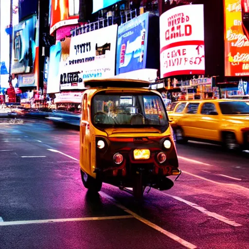 Image similar to a tuk tuk in Times Square at night, luxurious, elegant, highly detailed, award winning photography, moody, dramatic lighting, cinematic, matte painting, concept art, 4k