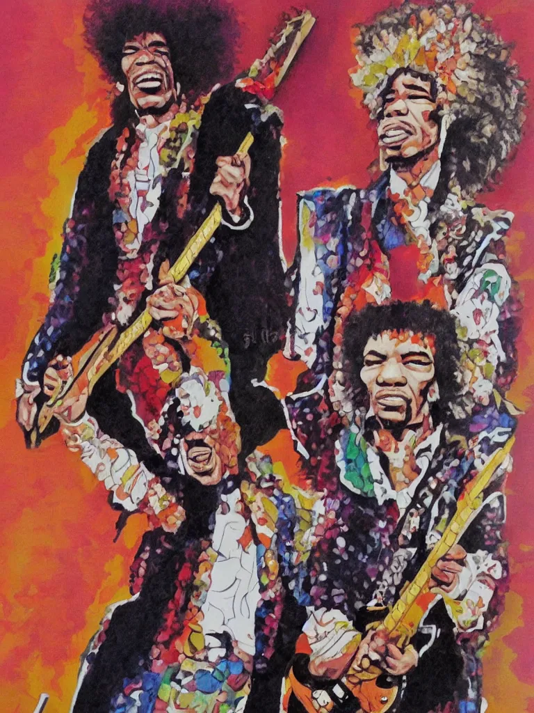 Image similar to a hilarious caricature painting of Jimi Hendrix by Sebastian Kluger