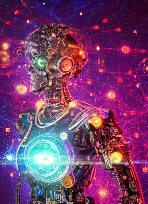 Image similar to intricate cyborg pilot girl with electromechanical robot parts, embedded in motherboard wall, connected made of and covered with many colorful wires, featuring beautiful detailed machined crystal eyes glowing with nebula, background glowing game server powered by galaxies. backlit luminous shiny metallic