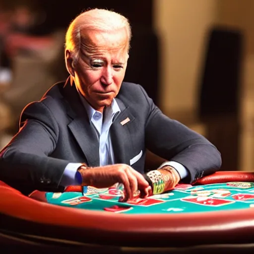 Prompt: joe biden smoking a cigar and playing poker in a casino, photorealistic