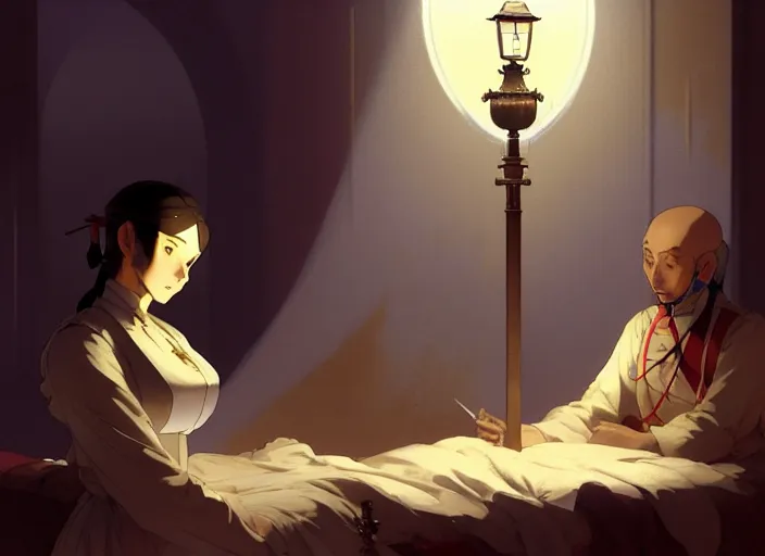 Image similar to 1 8 5 4 crimea, florence nightingale holding lamp, army hospital in scutari at night, wounded patients in beds on both sides of hospital ward, finely detailed perfect art, painted by greg rutkowski makoto shinkai takashi takeuchi studio ghibli